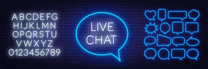 Live chat neon sign on the wall background. Set of neon speech bubbles and the alphabet.