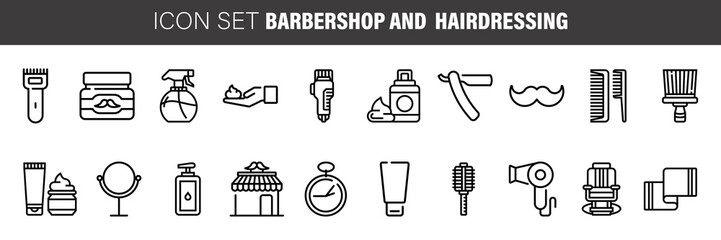 Barber shop icon set, outline thin line isolated vector sign symbol, hairdressing tools