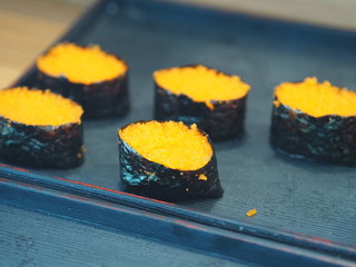 Tobiko Nigiri, Rice Roll Sushi Japanese food top on Shrimp eggs