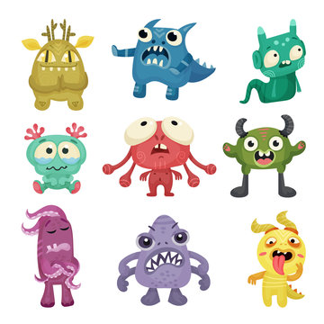 Colorful Cartoon Monsters with Different Emotions on Their Muzzles Vector Set