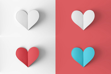 Pastel color paper heart on white and pink background.romantic invitation poster and banner.3d illustration