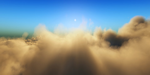 Fototapeta premium Beautiful aerial view above clouds with sunset. 3d illustration