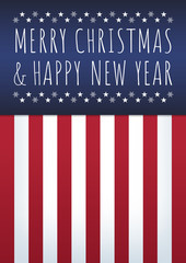 Vector design. Text “Merry Christmas and Happy New Year”. Abstract background. USA flag style. 50 stars and snowflakes, 13 stripes. Vertical format A4. Blue, red and white colors.