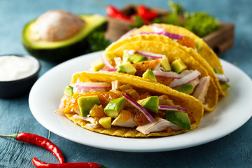 Homemade chicken taco with avocado