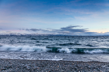 beautiful view over beach. Tornetrask, Sweden. Polar night. long shutter speed