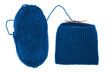 Blue yarn skein for hand knitting and crochet on white background isolated. Hat knitting process....