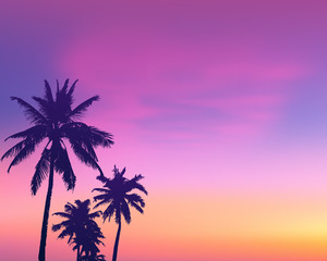 Fototapeta na wymiar Dark palm trees silhouettes on light pink sunrise sky background, vector illustration