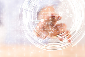 Molecules technology with polygonal shapes on dark blue background.