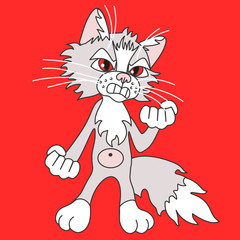 emoticon with a cool angry cat, which stands with a warped mouth and threatens with two fists, color vector clip art on isolated background