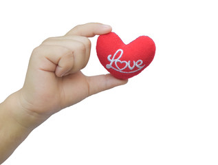 Child hand holding red heart isolated on white background. Offering love for Valentines and...