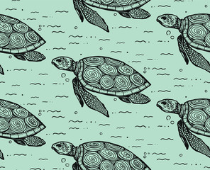 Seamless texture with turtle. Repeating pattern. Sea turtle theme.