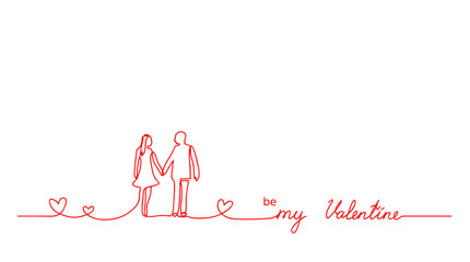 Be my Valentine lettering.  Red  line minimalistic  vector background with couple, love, hearts and text Be my Valentine. Continuous one line drawing banner.