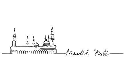 Mawlid An Nabi (prophet birth). Muhammad prophet birth background. Mosque Nabawi one continuous line drawing.