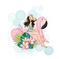 Brunette Hair Girl On An Inflatable Flamingo Isolated On A White Background Hand Drawn Illustration 