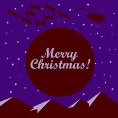 Naklejka premium Santa claus flying on sleigh with reindeer, christmas night, mountains. dark red and violet colors