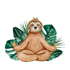 Watercolor hand drawn cute sloth with tropical leaves isolated on white background. © alinaosadchenko