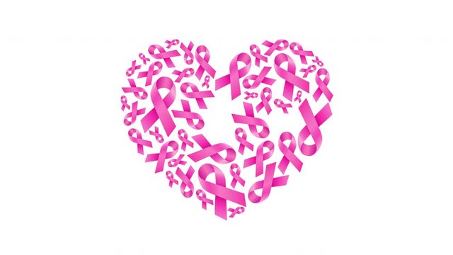Pink ribbon fill in heart shape. Breast Cancer Awareness. Animation on white background.