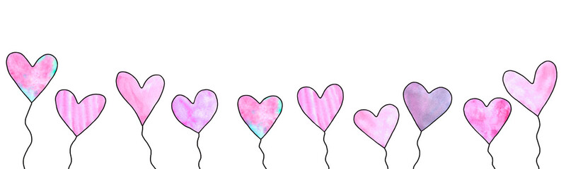 Long horizontal banner with balloons hearts. Bright, festive, cheerful summer, spring background for birthday, Valentine's day, congratulations, declarations of love