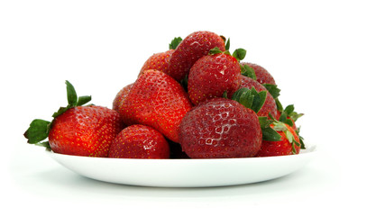 Large, ripe strawberries. Isolated. Juicy dessert, healthy vegetarian food. Bright, colorful breakfast. Strawberries on a white plate, isolated background. Organic, natural food.