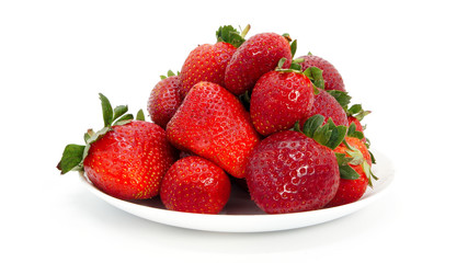 Large, ripe strawberries. Isolated. Juicy dessert, healthy vegetarian food. Bright, colorful breakfast. Strawberries on a white plate, isolated background. Organic, natural food.