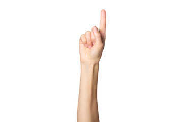Female hand shows a gesture on a white isolated background. Index finger up. Number one