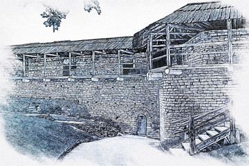 Imitation of a picture. Graphics. Defensive structures of the Okolny city of the Pskov fortress