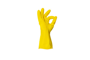 Yellow rubber glove for cleaning shows a gesture on a white isolated background. All OK. High quality. Gesture done