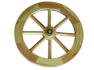 Old brown wooden wagon wheel from a cart isolated over white