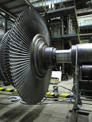 Power generator steam turbine in repair process, machinery, pipes, tubes at power plant