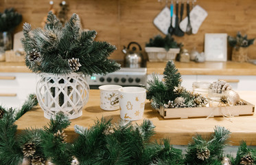 Christmas decor, kitchen decorated for the holiday, selective focus