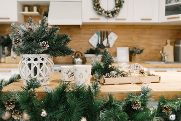 Christmas decor, kitchen decorated for the holiday, selective focus