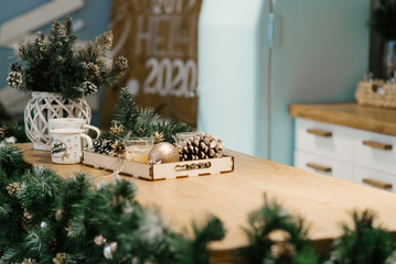 Christmas decor, kitchen decorated for the holiday, selective focus