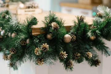 Christmas decor, kitchen decorated for the holiday, selective focus