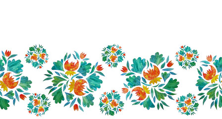 watercolor seamless hand drawn border on white isolated background with ethnic compositions orange red flowers green leaves cut out collage vibrant bright intense colorful textile botanical interior