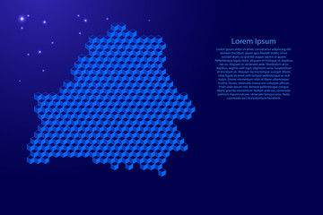 Belarus map from 3D blue cubes isometric abstract concept, square pattern, angular geometric shape, glowing stars. Vector illustration.