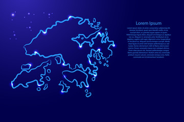 Hong Kong map from the contour classic blue color brush lines different thickness and glowing stars on dark background. Vector illustration.