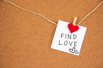 find love red heart note on cork board