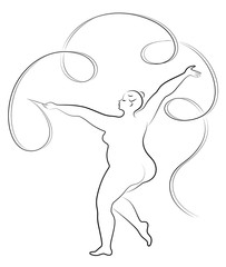 Gymnastics. Silhouette of a girl with a ribbon. The woman is overweight, a large body. The girl is full figured. Vector illustration.