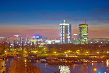Beograd skyscrapers and Sava river evening view