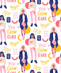 Fototapeta premium Vector seamless pattern with young women in modern style. Young People background.