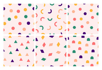 Set of six seamless patterns. Hand drawn various shapes. Geometric modern modern trendy vector illustration. Every pattern is isolated.