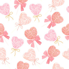 Watercolor seamless pattern with pink Lollipop hearts on a gray background. Hand drawing. For textiles, Wallpaper, wrapping paper, Valentine's day, wedding decor.