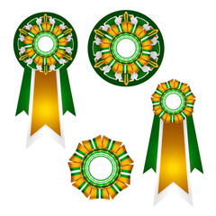 A set of volumetric award rosettes made of satin ribbons for achievements in sports, exhibitions and shows. 3D illustration on white background. Decoration of ribbons of red, green and white colors.