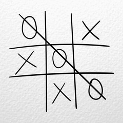 Tic tac toe vector hand drawn game on a white paper. Zero wins