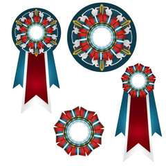 A set of volumetric award rosettes made of satin ribbons for achievements in sports, exhibitions and shows. 3D illustration on white background. Decoration of ribbons of red, white, gold and blue