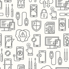 Mobile repair service, phone fix seamless pattern.  Smartphone common issues, repair and accessories background. Mobile service thin line logotype and symbols. Electronic equipment, technology