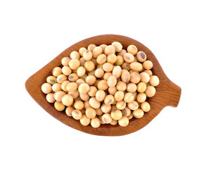 soybeans in wooden bowl on white background