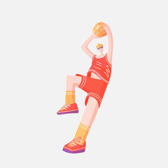 Vector flat colored sketch illustration of professional basketball player, playing with basketball ball in dynamic pose, isolated on white. Modern vector illustration of professional basket ball