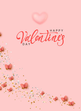 Happy Valentine's Day. Romantic background design with butterflies, pink hearts and glitter confetti. Flying butterfly. Greeting card, banner, web poster. Festive vector illustration.