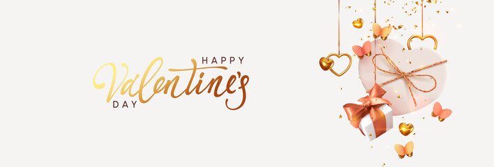 Valentine's Day. Background with realistic festive gifts box. Romantic present. white boxes with beige ribbon gift surprise, Golden 3d hearts, glitter gold confetti. Decorative flying pink butterflies